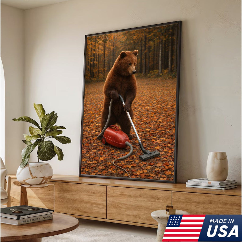 Funny Bear Vacuuming Leaves Canvas Wall Art, Whimsical Autumn Animal Humor Print