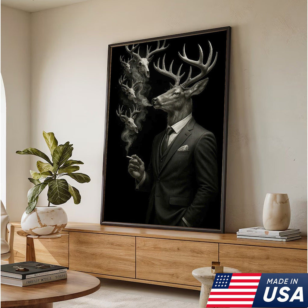 Gentleman Deer Canvas Wall Art, Elegant Buck in Suit Artwork, Rustic Cabin Decor for Hunters