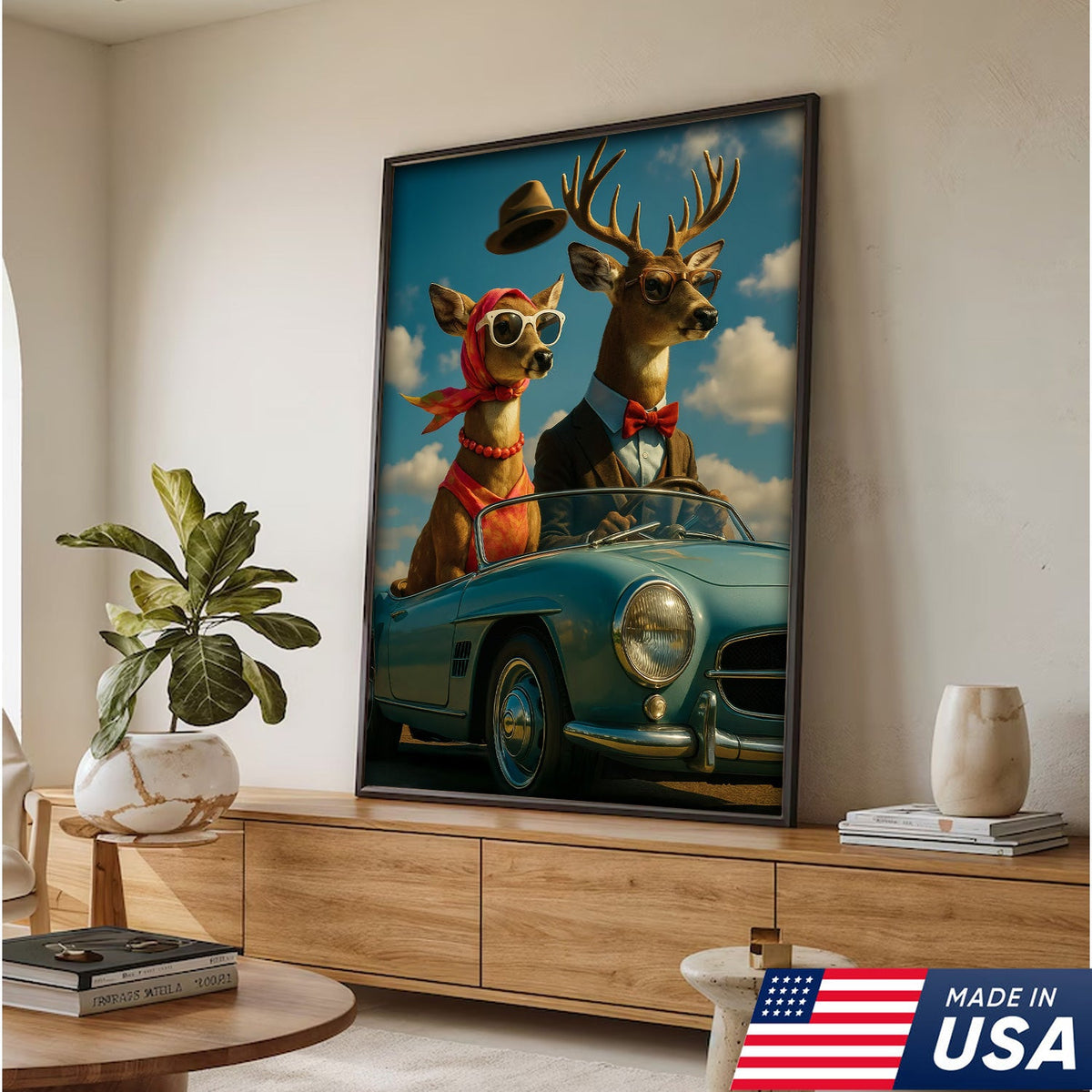 Retro Deer Couple Driving Canvas – Funny Buck & Doe in Convertible, Vintage Wall Art