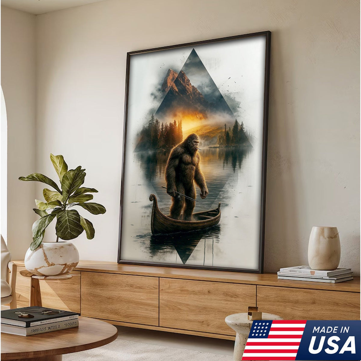 Bigfoot Fishing On Wooden Boat Adventure Canvas Wall Art – Mysterious Forest Lake Decor