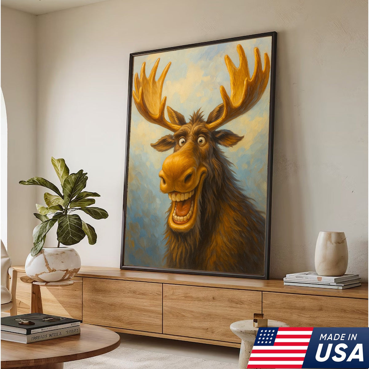 Funny Moose Wall Art – Cartoon Moose Decor, Rustic Cabin Gift, Lodge Bar Humor Canvas Print