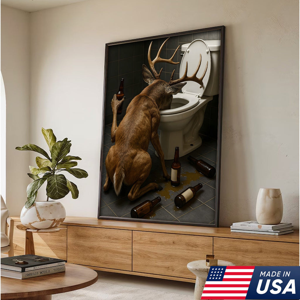 Funny Drunk Deer Canvas Wall Art, Hilarious Buck Bathroom Decor