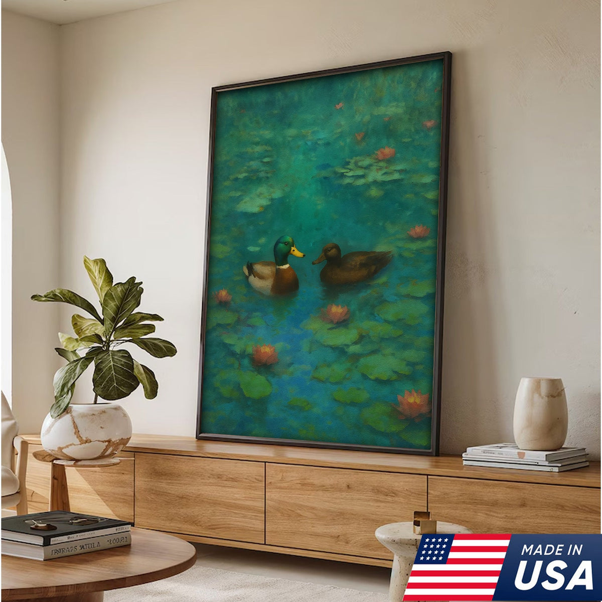 Romantic Mallard Duck Canvas Wall Art – Tranquil Pond & Water Lily Canvas