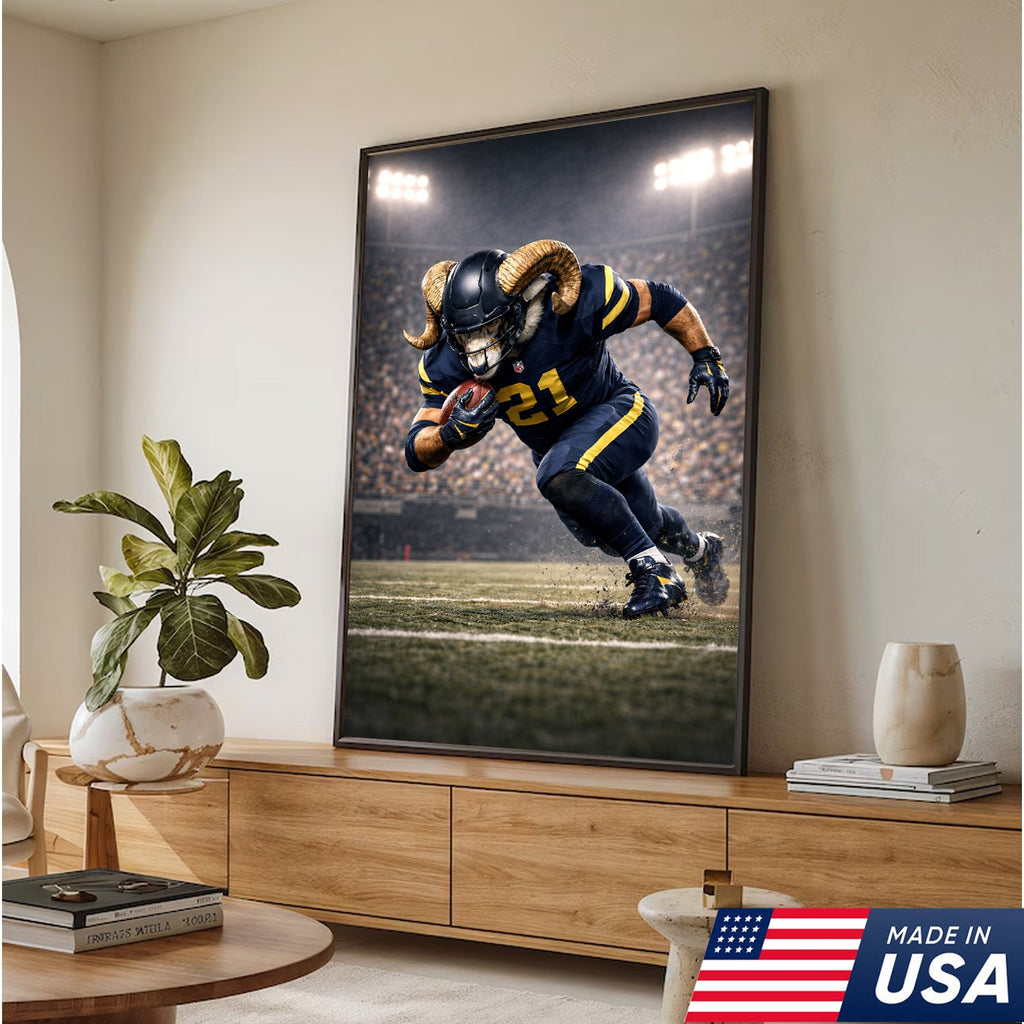 Mighty Ram Football Canvas Wall Art – Horned Athlete Stadium Action Print