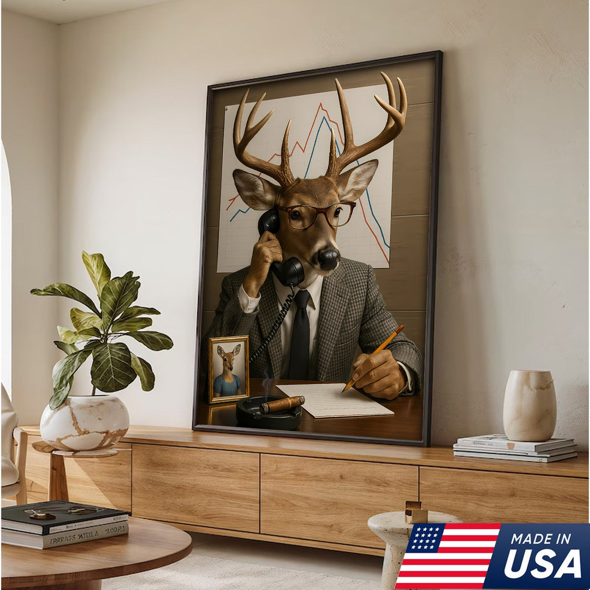 Funny Deer Businessman Canvas, Hilarious Office Buck Wall Art, Quirky Animal Decor for Workspace