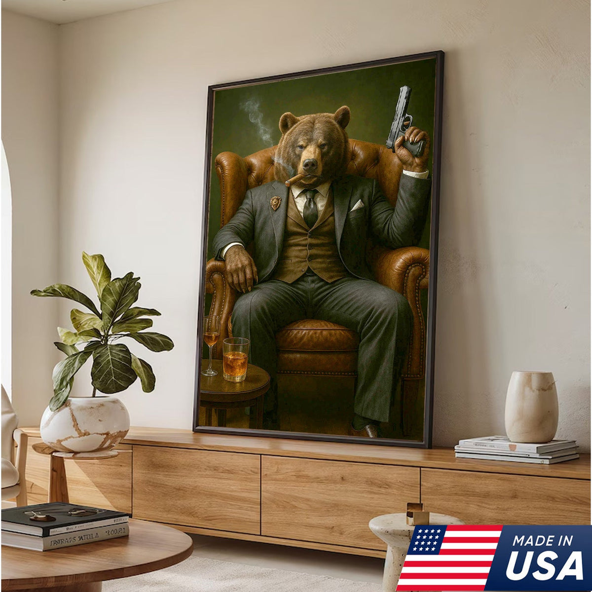 Boss Bear in Tailored Suit Canvas Wall Art, Powerful Gentleman Animal Portrait
