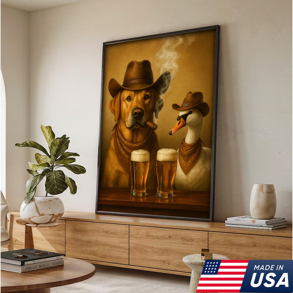 Funny Cowboy Dog & Geese Wall Art Canvas – Funny Beer & Smoking Canvas for Hunters
