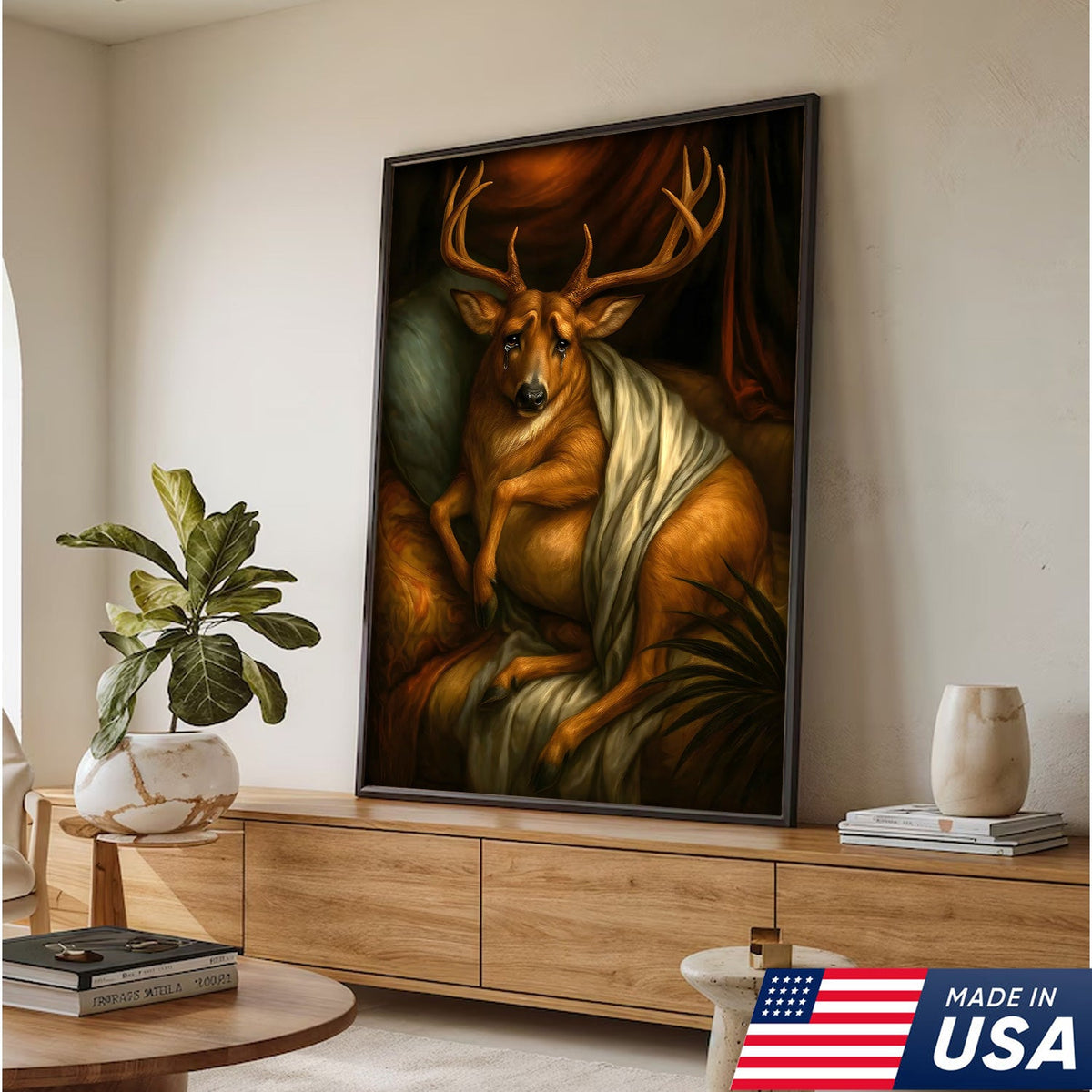 Funny Deer Portrait Canvas Wall Art, Renaissance Buck Painting with Draped Cloth