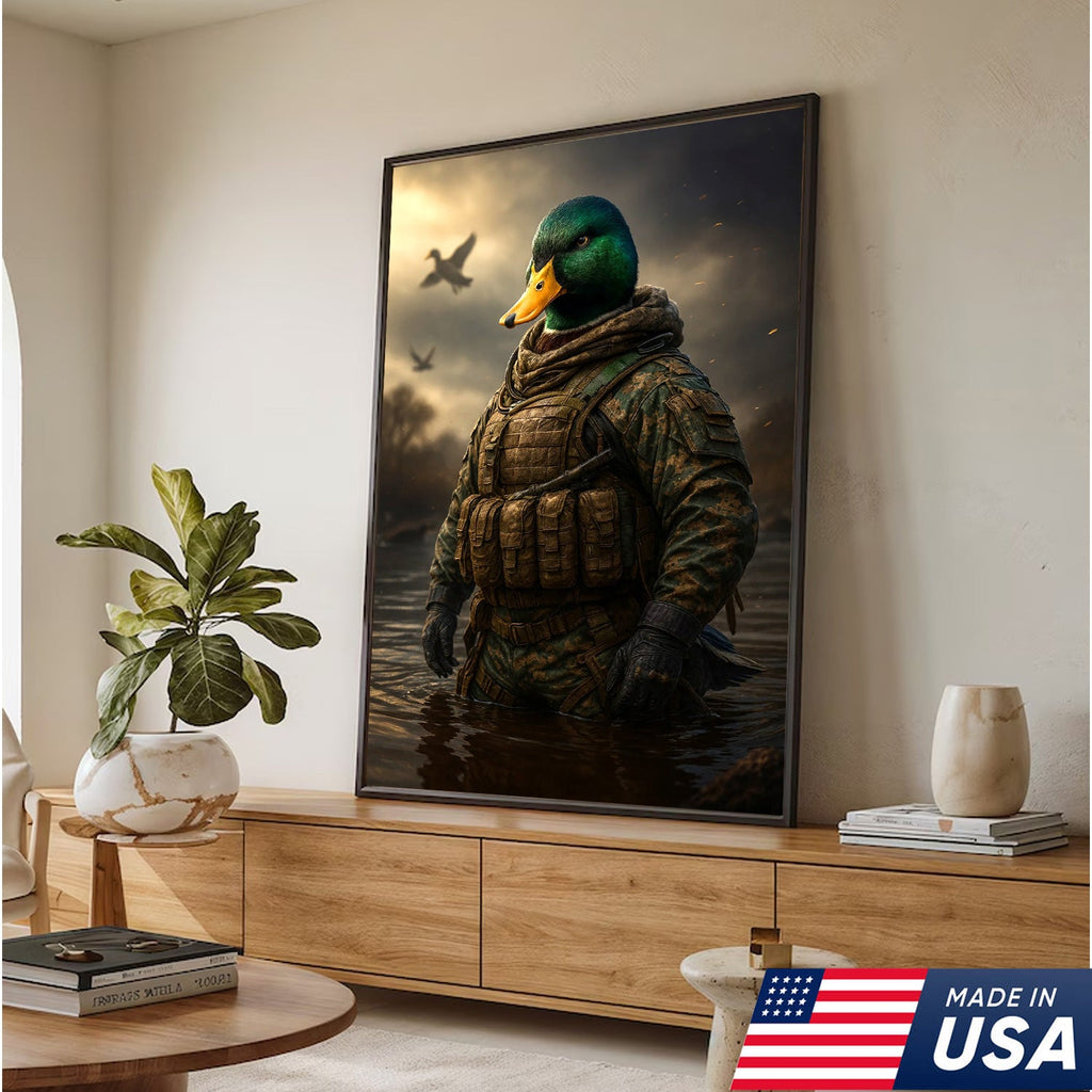 Tactical Duck Canvas Art – Elite Armored Mallard Warrior in Battle Scene