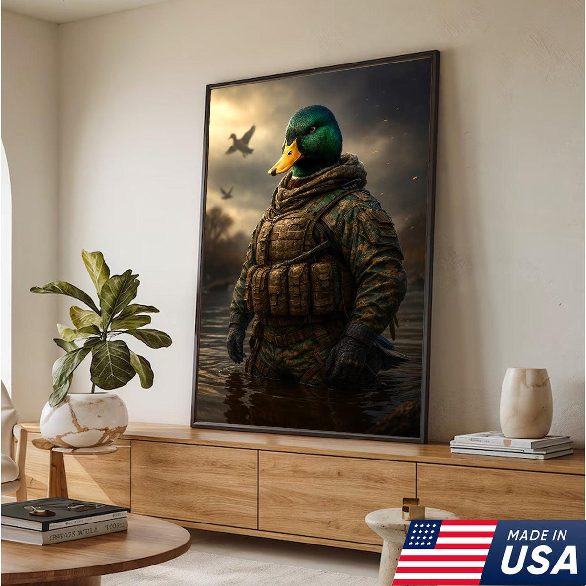 Tactical Duck Canvas Art – Elite Armored Mallard Warrior in Battle Scene