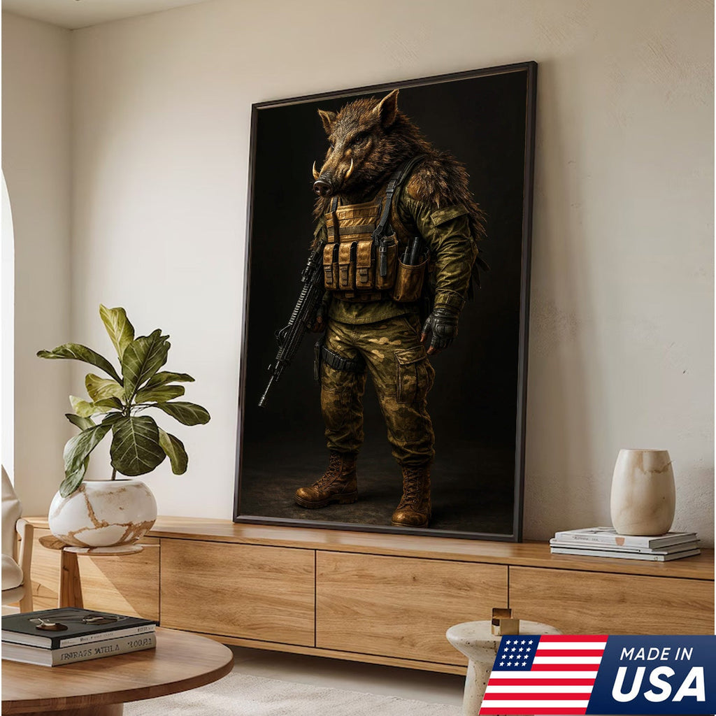 Tactical Boar Canvas Art – Armored Wild Hog Warrior in Combat Gear