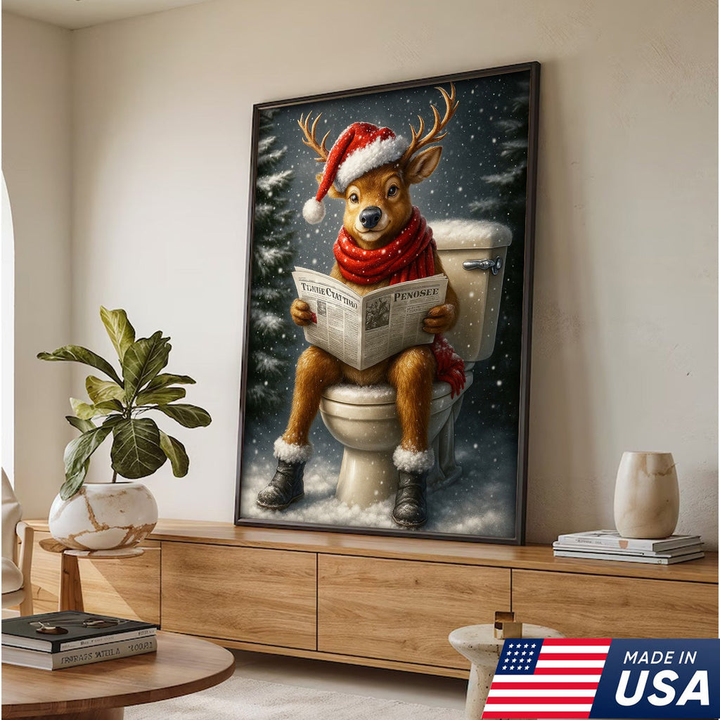 Funny Deer Christmas Canvas Wall Art – Holiday Bathroom Decor – Rustic Hunting Lodge Gift