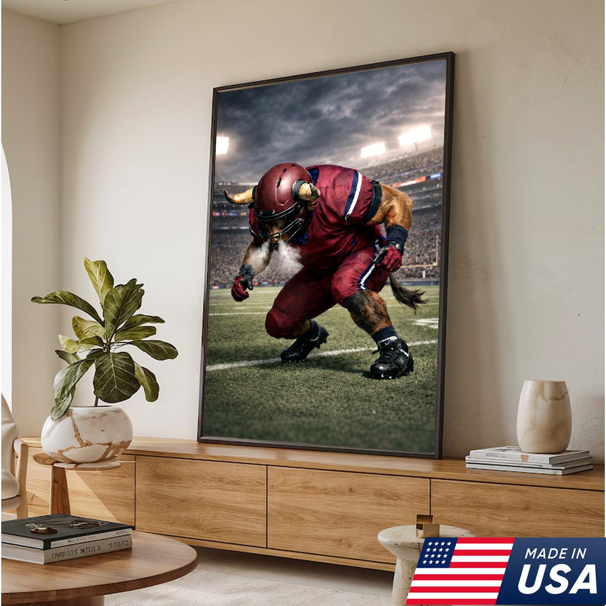 Fierce Bull Football Canvas Wall Art – Charging Horned Athlete Stadium Print
