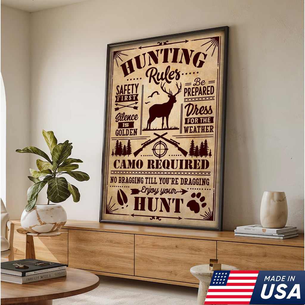 Hunting Rules Wall Art Canvas – Rustic Deer Hunting Lodge Decor – Safety First, Camo Required