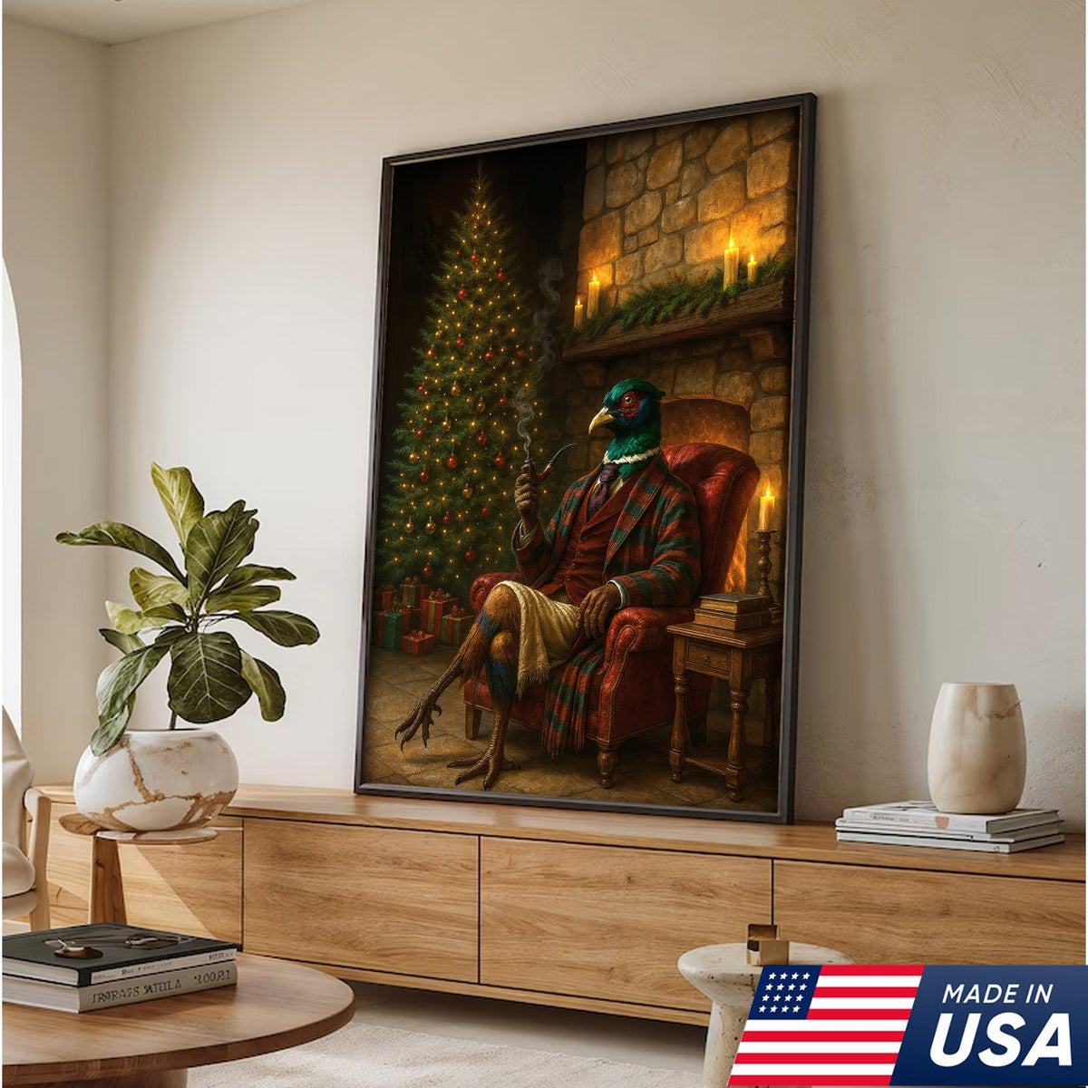 Holiday Pheasant Gentleman Canvas Wall Decor – Cozy Christmas Artwork for Cabin or Farmhouse