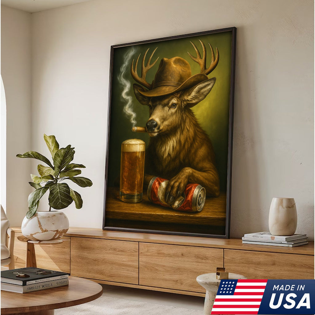 Funny Cowboy Buck Beer Canvas – Rustic Funny Wall Art Gift for Hunters, Bar Cabin & Man Cave Decor