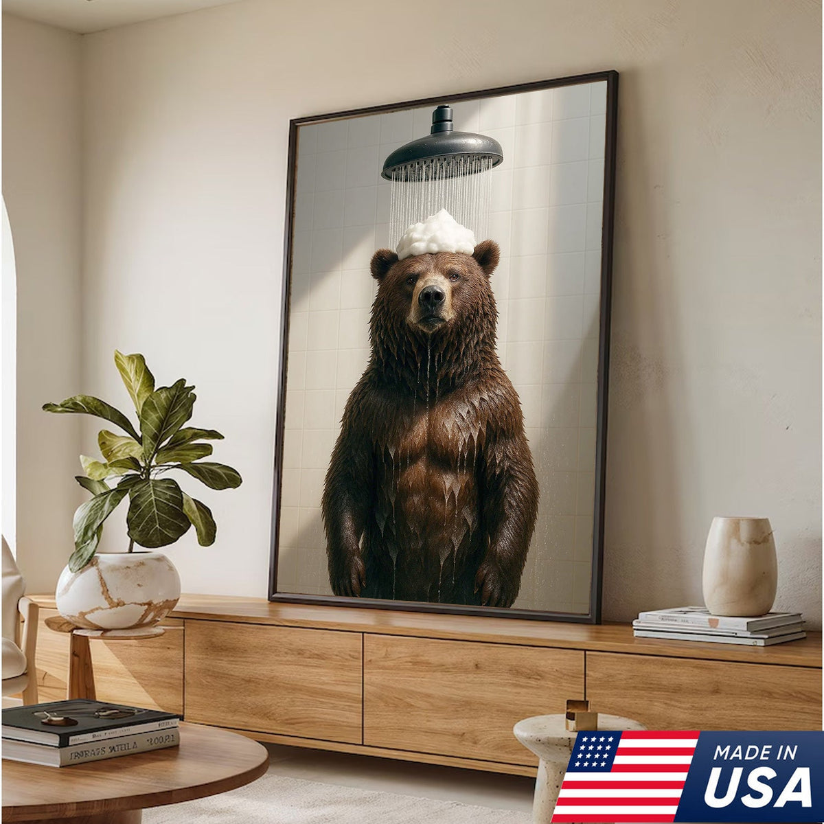 Funny Bear Taking Shower Bathroom Canvas Wall Art, Rustic Cabin Lodge Bathroom Decor