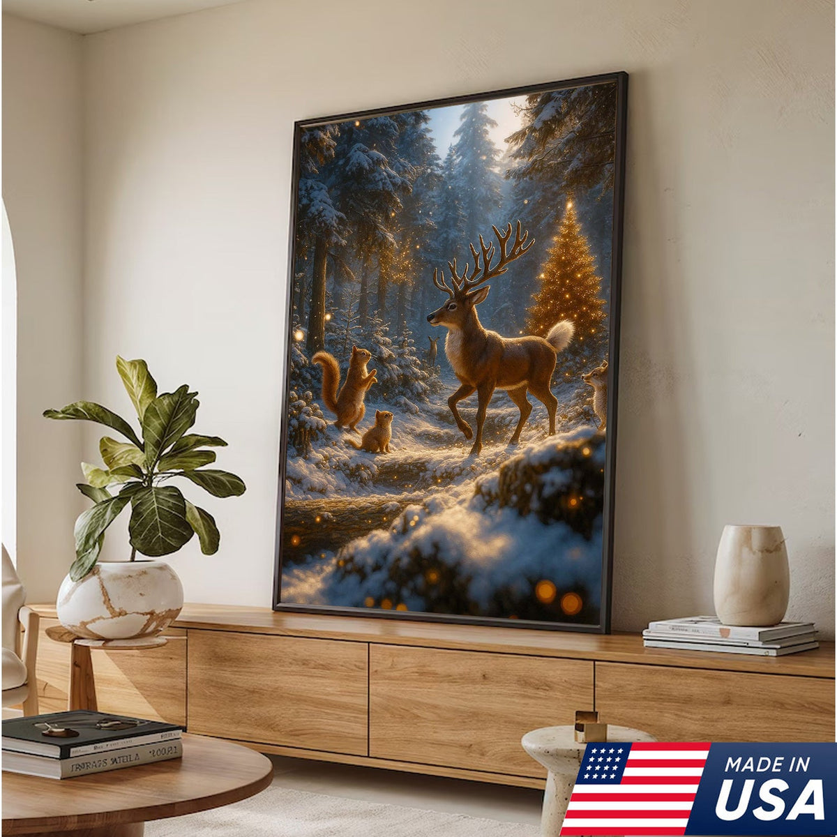 Christmas Deer Forest Wall Art Canvas – Magical Winter Woodland Print
