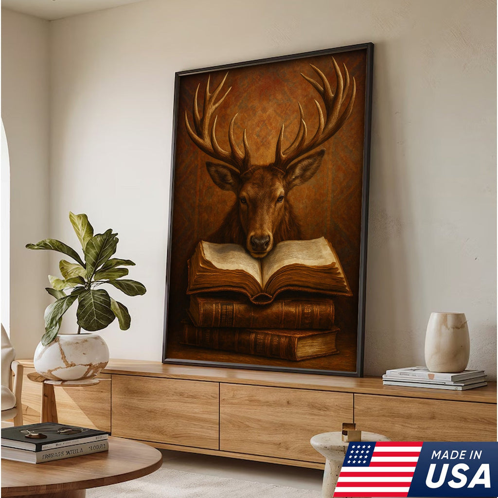 Wise Deer Canvas Wall Art – Rustic Library & Cabin Decor