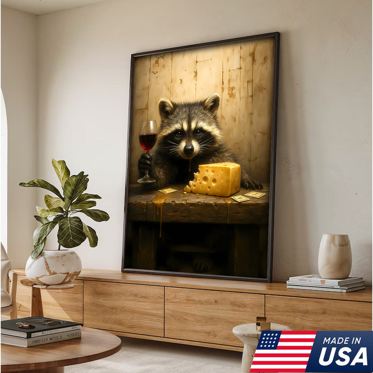 Raccoon with Wine and Cheese Canvas – Funny Bar Wall Art, Gentleman Gift for Men