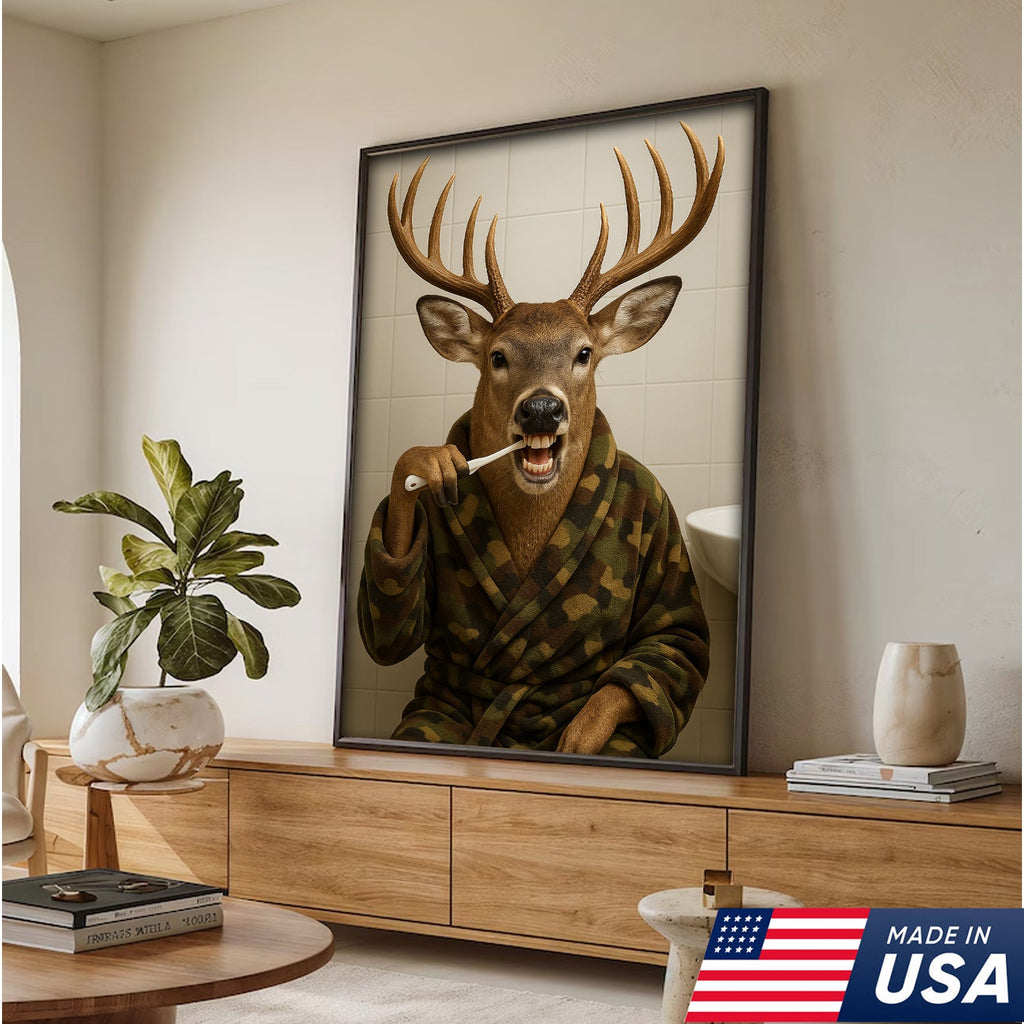 Funny Deer Brushing Teeth Wall Art – Rustic Bathroom Canvas for Cabin, Lodge & Man Cave Decor
