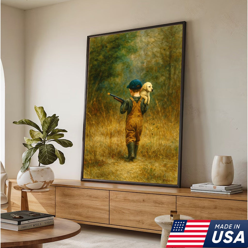 Little Hunter and Puppy Canvas Wall Art, Wholesome Boy with Dog Artwork