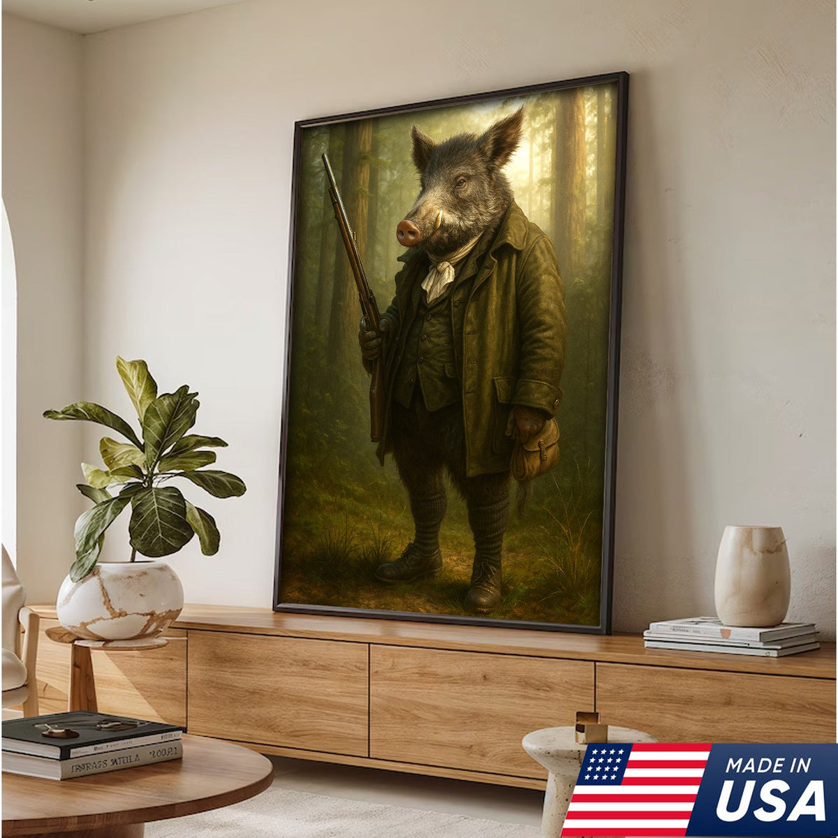 Funny Wild Boar Hunter Canvas Wall Art – Rustic Hunting Lodge Decor Gift for Hunters