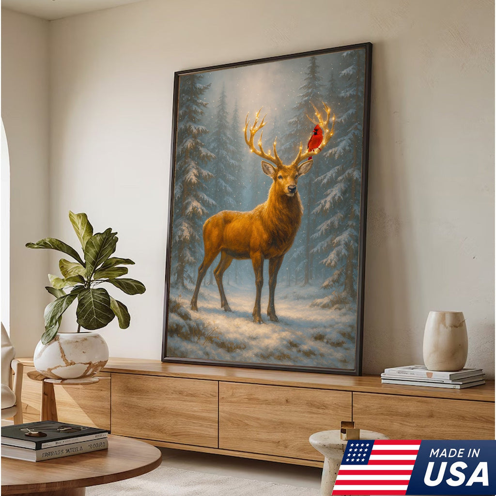 Majestic Deer Christmas Canvas Wall Art – Winter Woodland Decor, Lighted Antlers Canvas