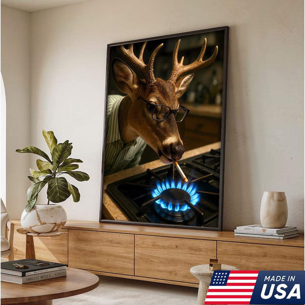 Funny Deer Smoking Canvas, Hilarious Buck Wall Art for Hunters, Rustic Cabin or Man Cave Decor