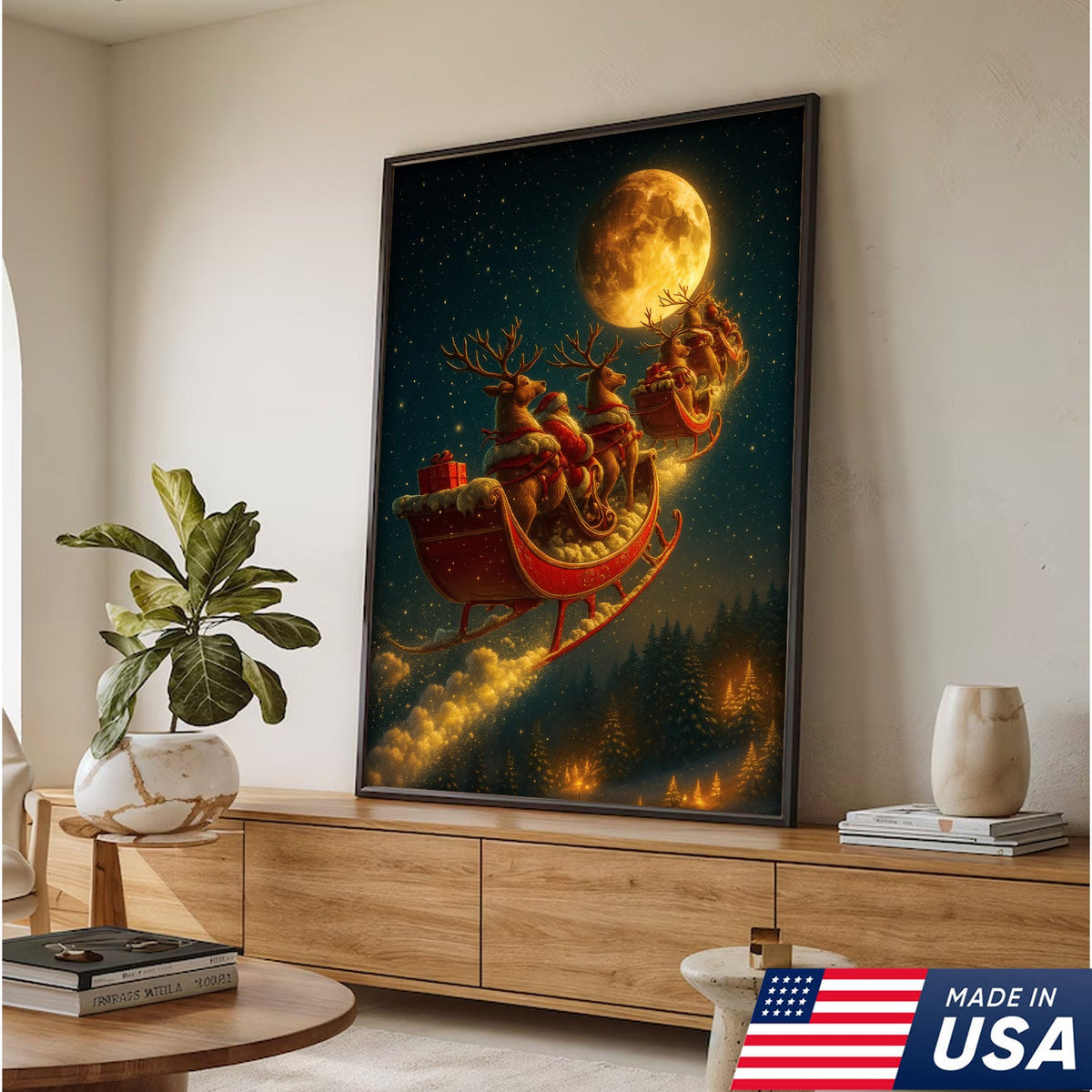 Magical Santa Sleigh and Reindeer Canvas – Christmas Wall Art Gift for Hunters & Holiday Lovers