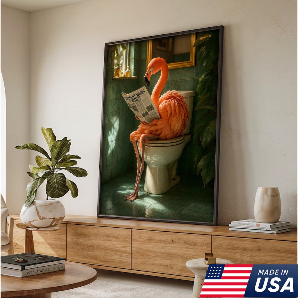 Funny Flamingo Bathroom Canvas Wall Art – Quirky Bird Reading Newspaper Print