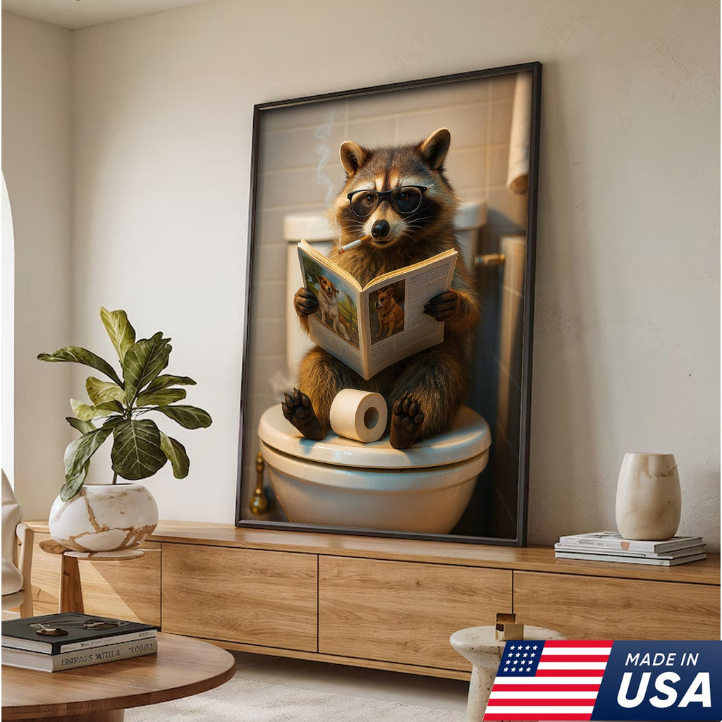 Funny Raccoon On Toilet Canvas – Smoking Raccoon Reading on Toilet, Bathroom Humor Wall Art