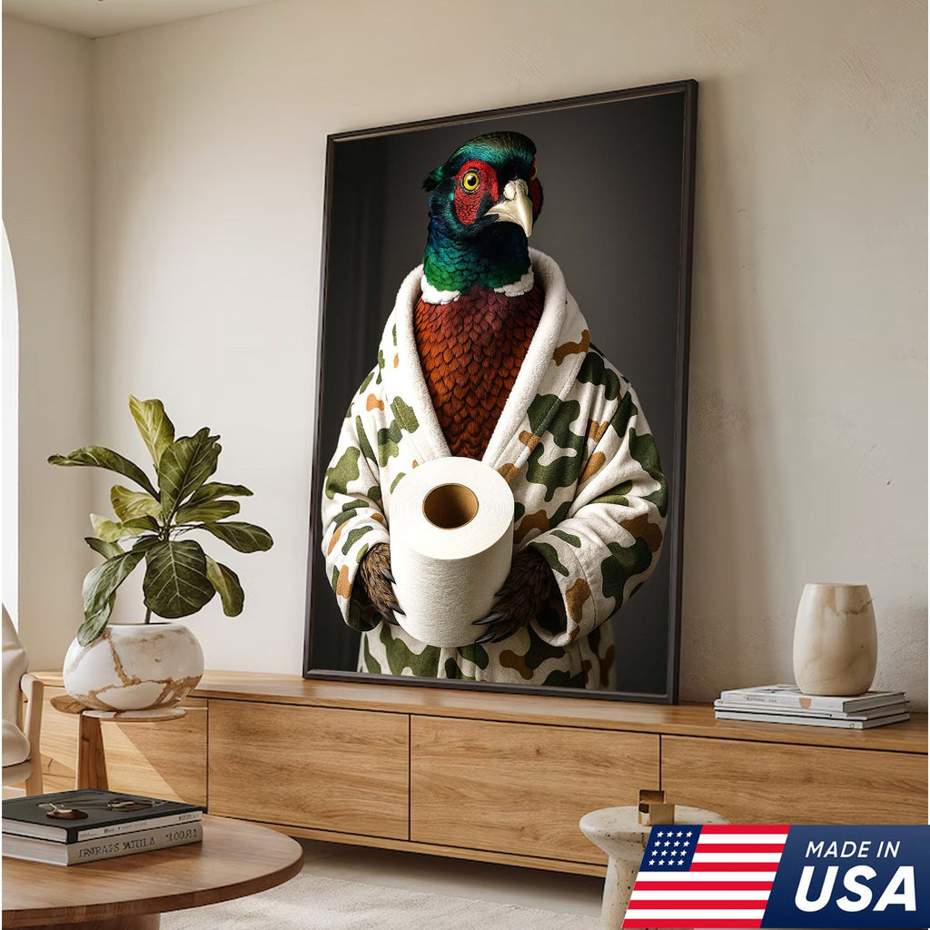Funny Pheasant Bathroom Wall Art – Camo Robe Bird Holding Toilet Paper Print