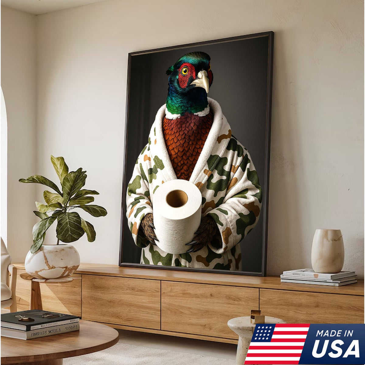 Funny Pheasant Bathroom Wall Art – Camo Robe Bird Holding Toilet Paper Print