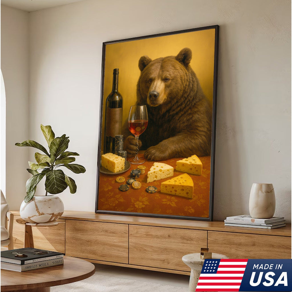 Funny Bear Wine & Cheese Wall Art Canvas - Poker Room Decor, Animal Painting for Home Bar
