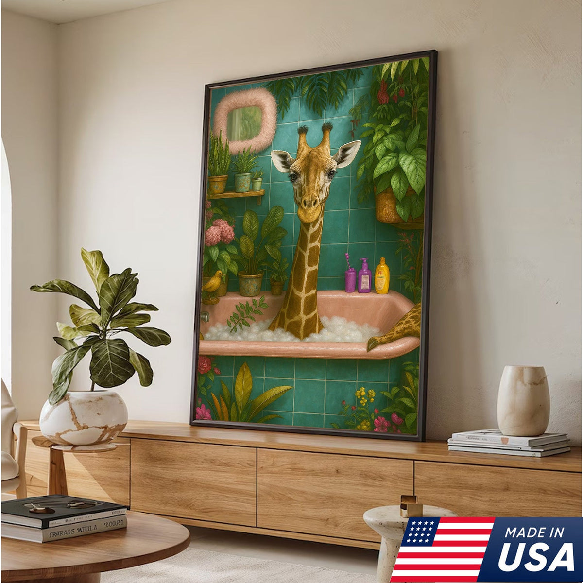 Giraffe Bathroom Wall Art Canvas, Funny Animal Taking Bath Decor