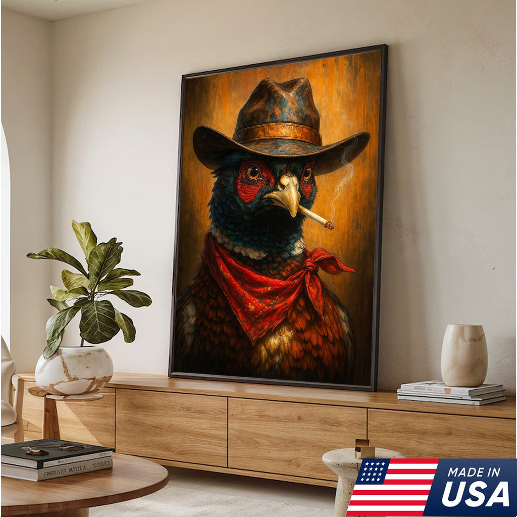 Smoking Pheasant Cowboy Portrait Canvas – Rustic Western Wall Art for Man Cave Decor