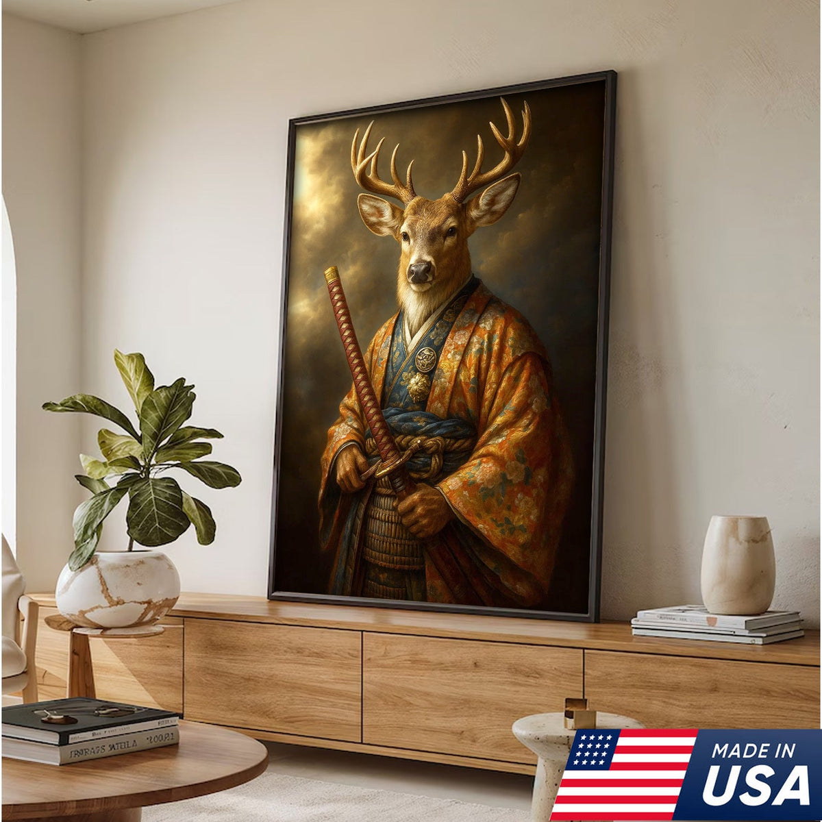 Deer Canvas Wall Art – Majestic Samurai Buck with Katana Warrior Rustic Lodge Decor