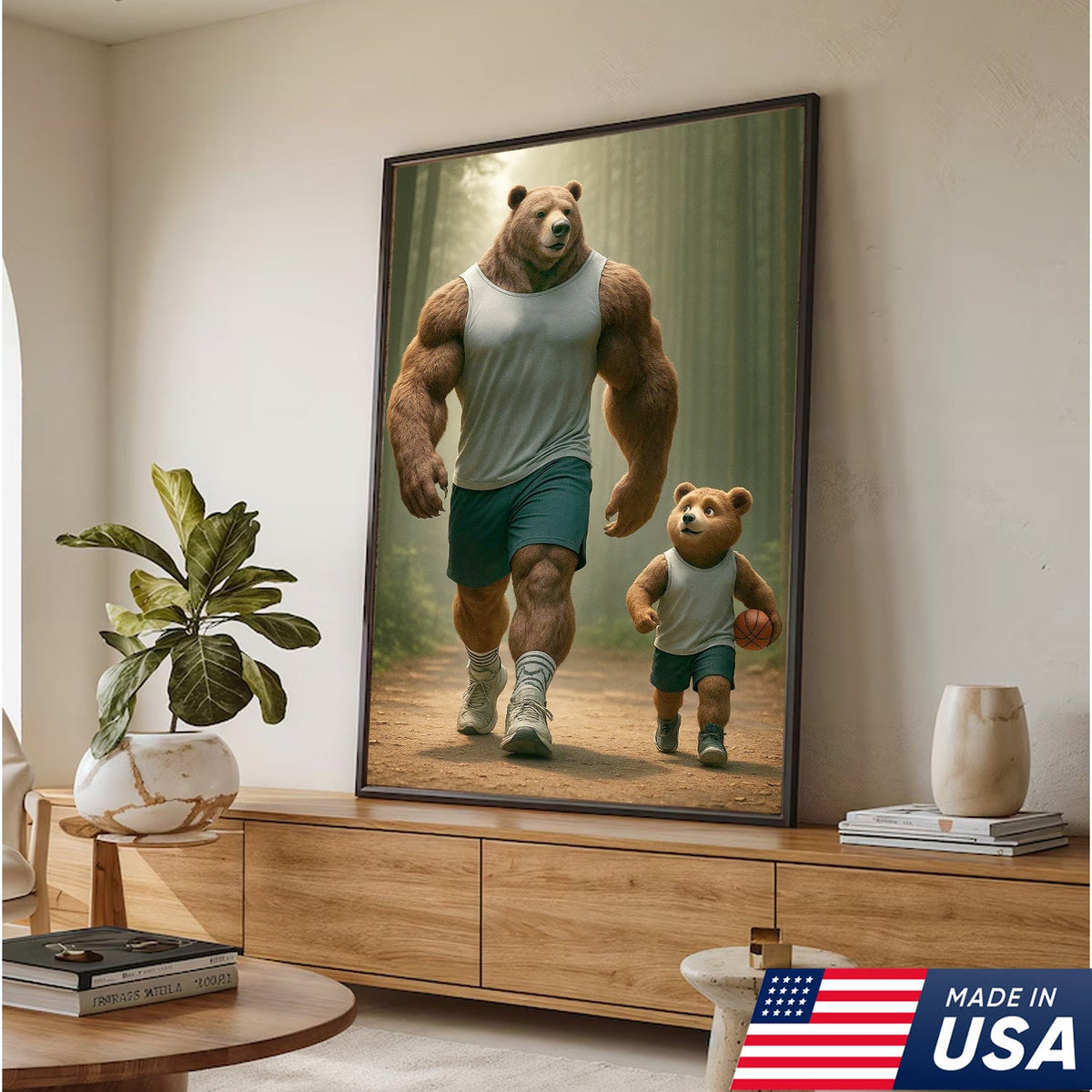 Buff Bear Dad and Cub Canvas Wall Art, Fitness Father and Son Bear Print