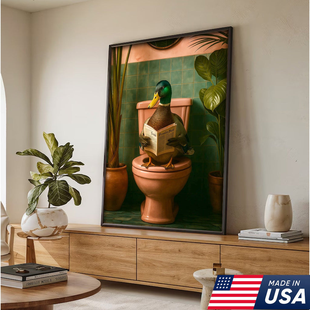Whimsical Duck Bathroom Canvas Wall Art – Funny Rustic Lodge Decor – Mallard Reading Humor Print