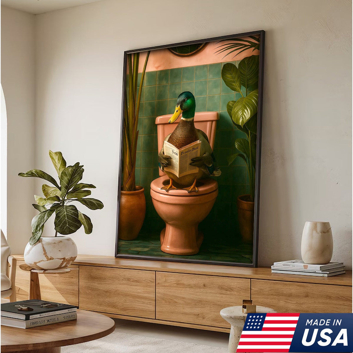 Whimsical Duck Bathroom Canvas Wall Art – Funny Rustic Lodge Decor – Mallard Reading Humor Print