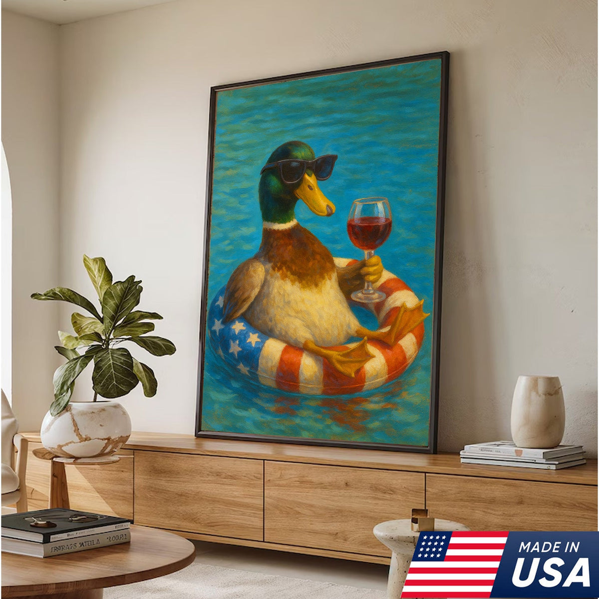 Cool Duck with Wine Canvas – Sunglasses, USA Flag Pool Float, Funny Summer Wall Art