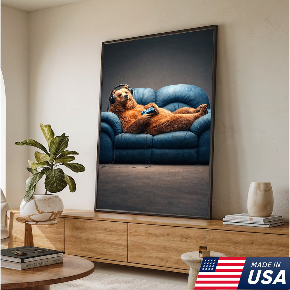 Funny Gamer Bear Wall Art Canvas Print, Relaxing Animal Gaming Illustration