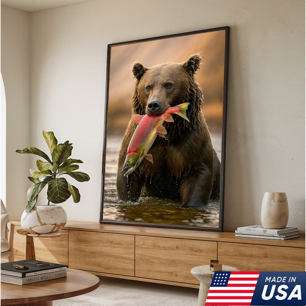 Bear Catching Salmon Canvas Wall Art, Wildlife River Cabin Decor, Nature Lover Gift