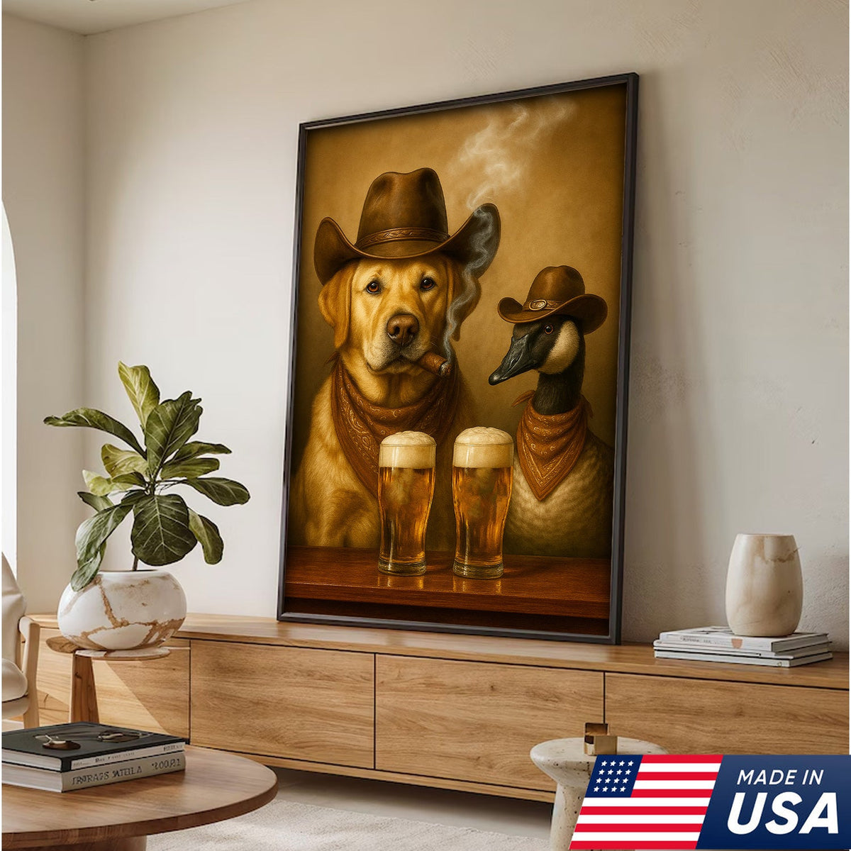 Funny Cowboy Dog & Goose Canvas Wall Art – Funny Beer & Smoking Western Decor for Hunters