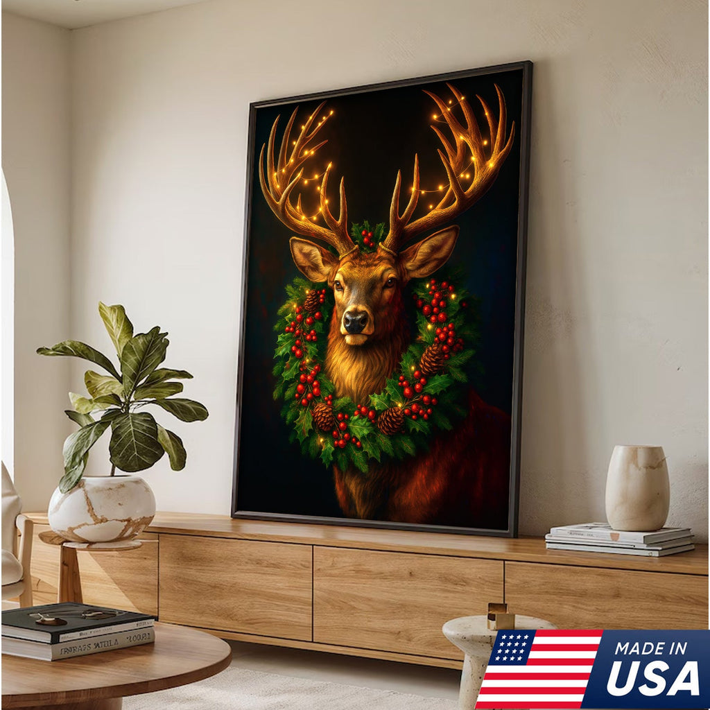 Christmas Deer Canvas Wall Art - Rustic Holiday Decor for Hunters, Cabin & Lodge Christmas Gift