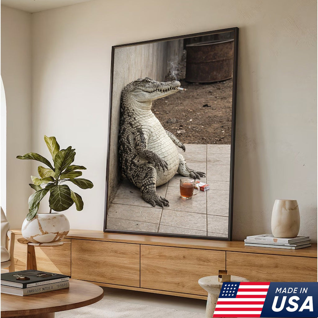 Funny Crocodile Smoking & Drinking Coffee Canvas Wall Art, Dark Humor Animal Illustration