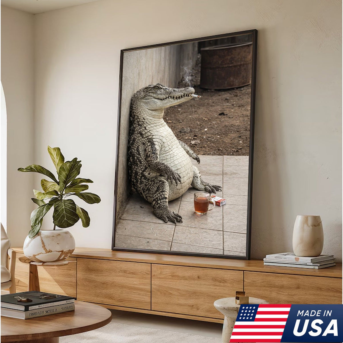 Funny Crocodile Smoking & Drinking Coffee Canvas Wall Art, Dark Humor Animal Illustration