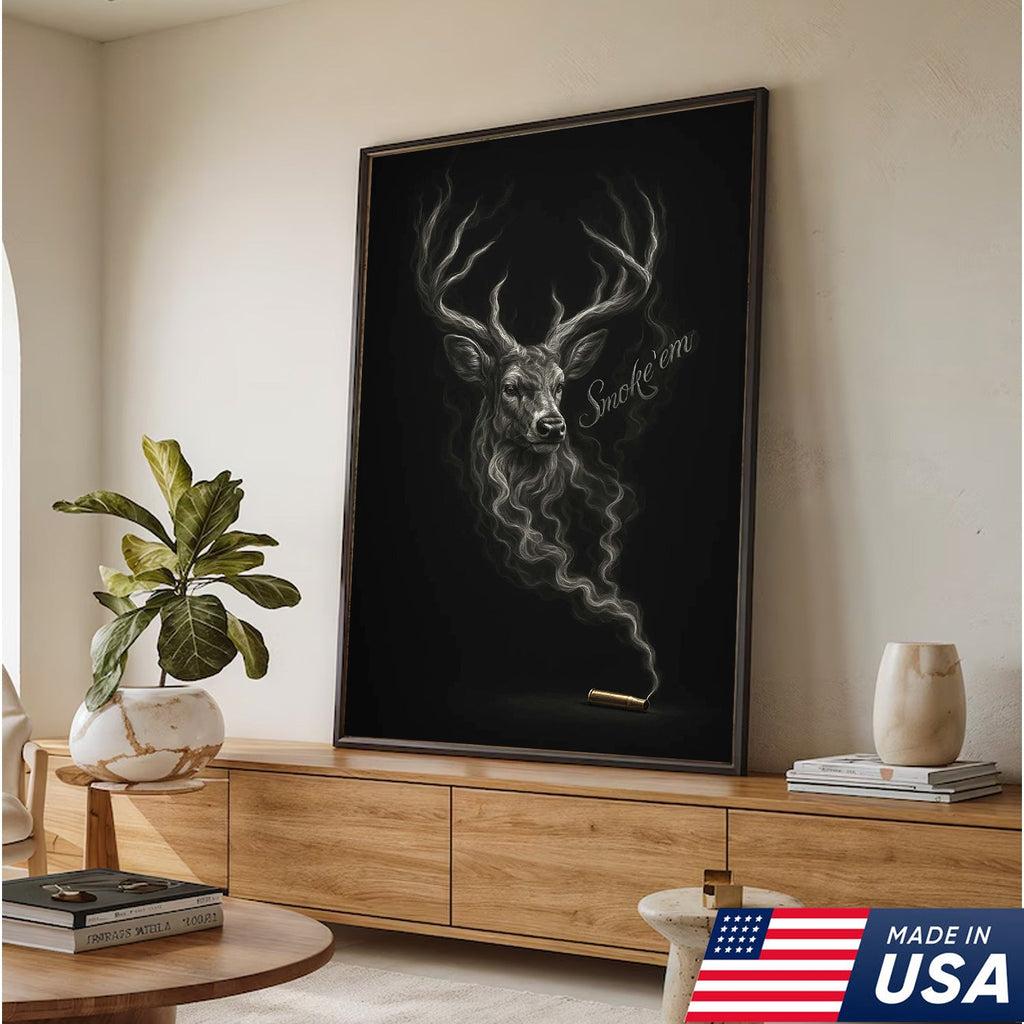 Smoke ’Em Deer Canvas, Rustic Hunter Wall Art, Smoky Buck Skull Design