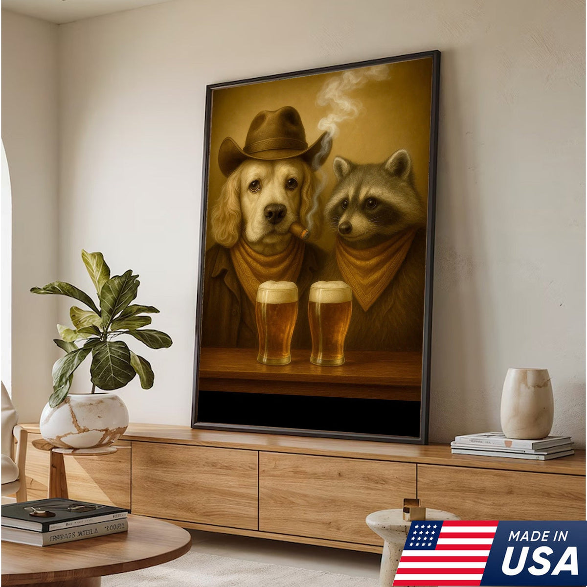Funny Dog & Raccoon Bar Art – Cowboy Dog Smoking Cigar, Beer Buddies Wall Decor Gift for Men